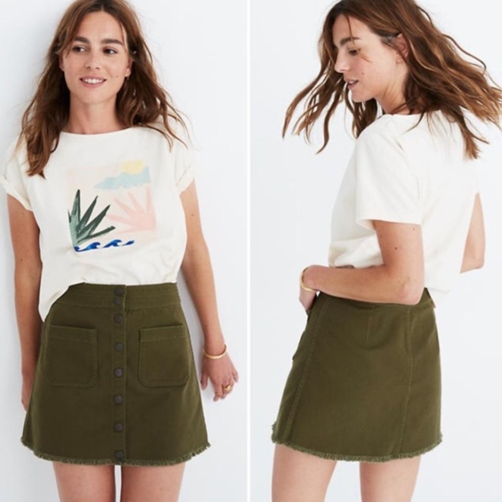 Madewell Raw Hem A-line Mini Olive Button Skirt